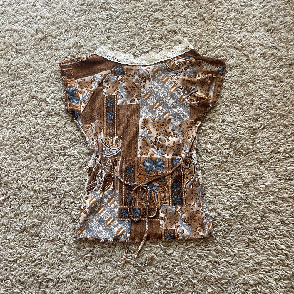 Vintage Mudd Brown Cream and Blue Patchwork Lace-Trim Camisole - Picture 5 of 7